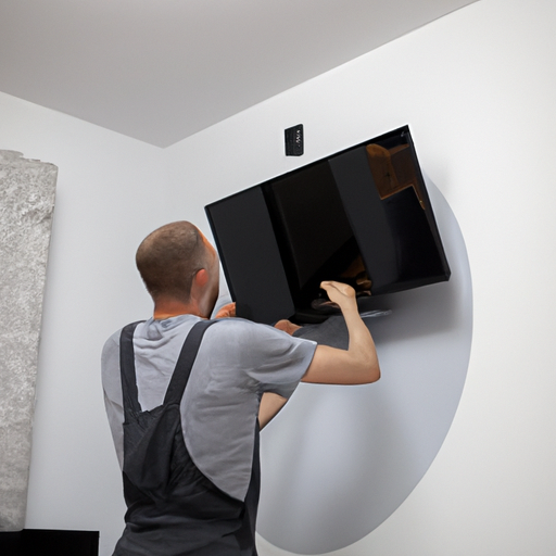 מתקין טלויזיה מקצועי המרכיב בצורה מושלמת טלוויזיה בעלת מסך שטוח על הקיר.
